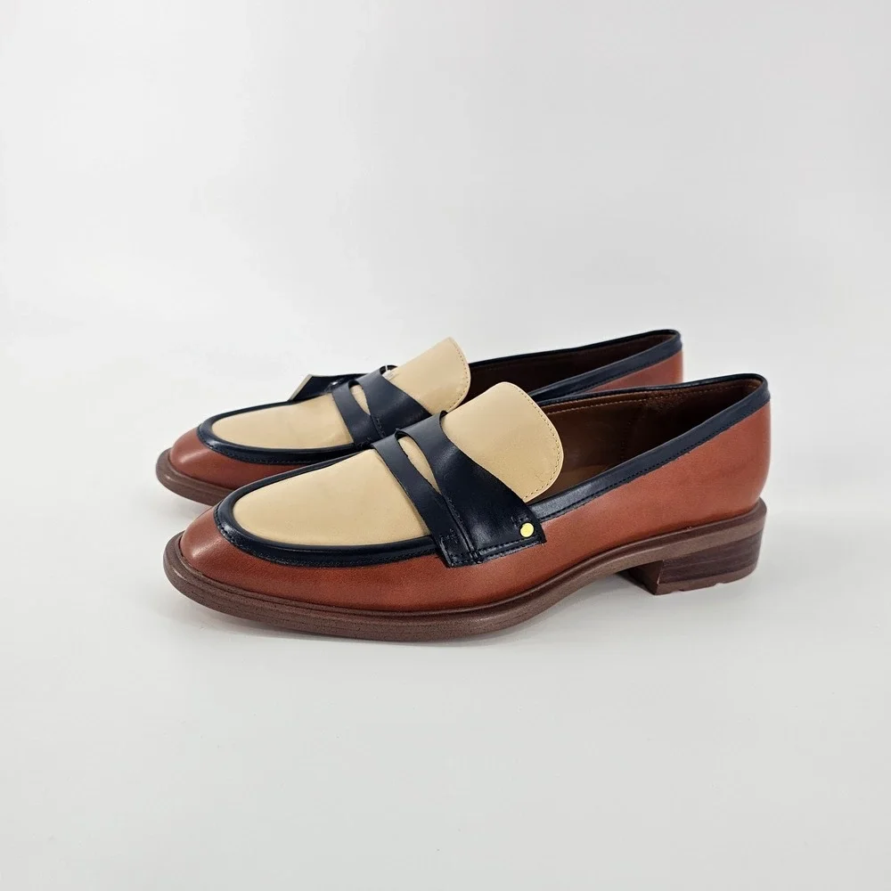 Franco Sarto Edith Penny Loafers Womens 8.5 Brown Navy Colorblock Preppy NWOB